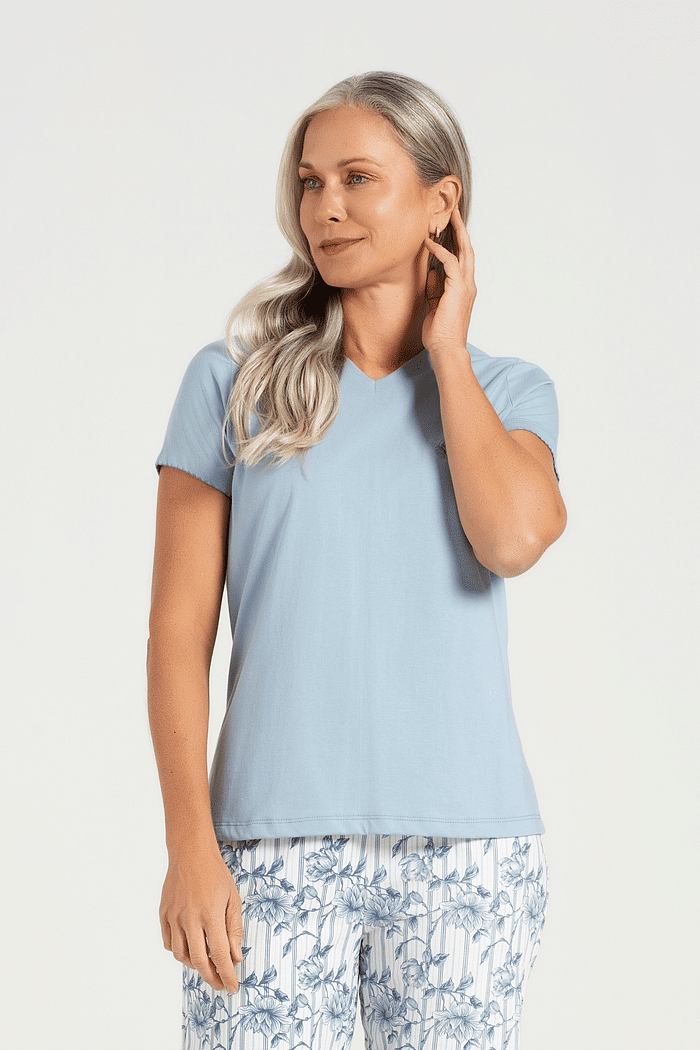 PIJAMA MEIA MANGA EM MEIA MALHA COM BERMUDA EM MALHA ROTATIVA FEMININO 