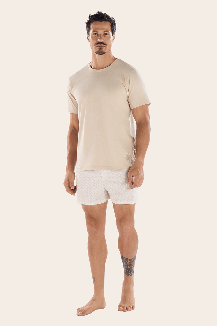 PIJAMA MEIA MANGA EM MEIA MALHA COM SAMBA CANÇÃO EM MALHA ROTATIVA MASCULINO 