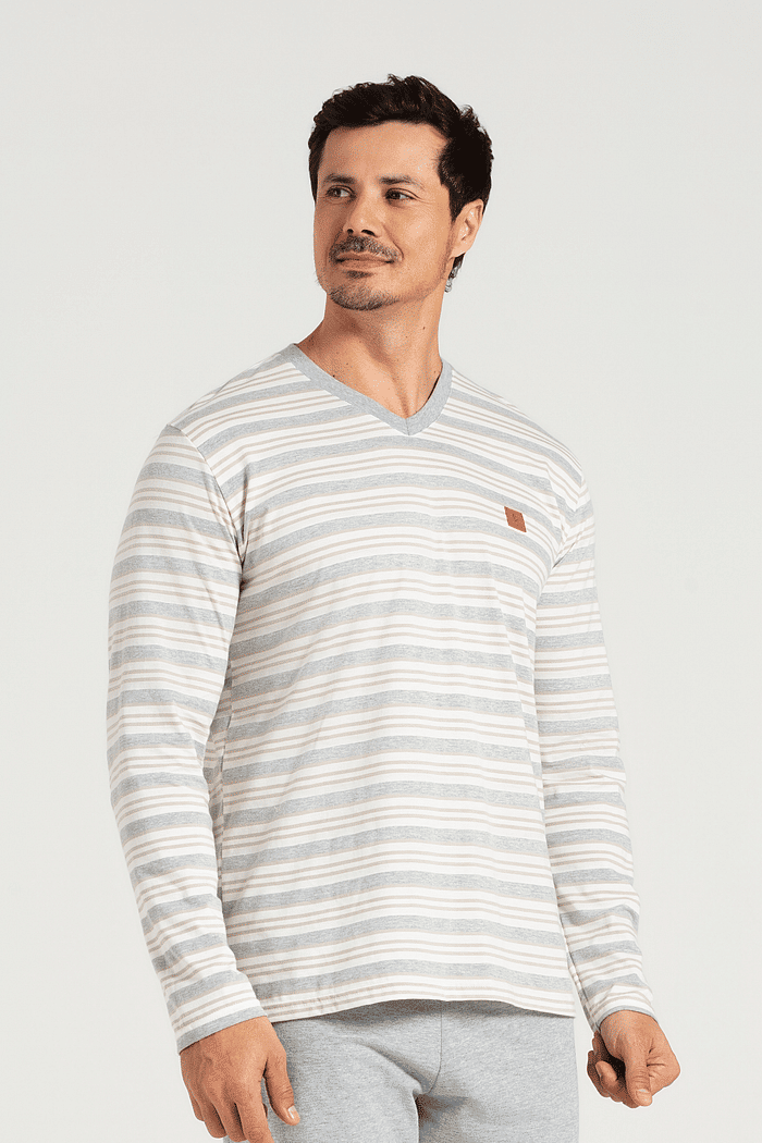PIJAMA MANGA LONGA EM FIO TINTO COM CALCA EM MEIA MALHA MASCULINO 