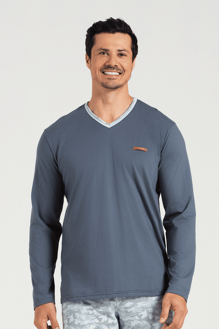 PIJAMA MANGA LONGA EM MEIA MALHA COM CALCA EM MALHA ROTATIVA MASCULINO 