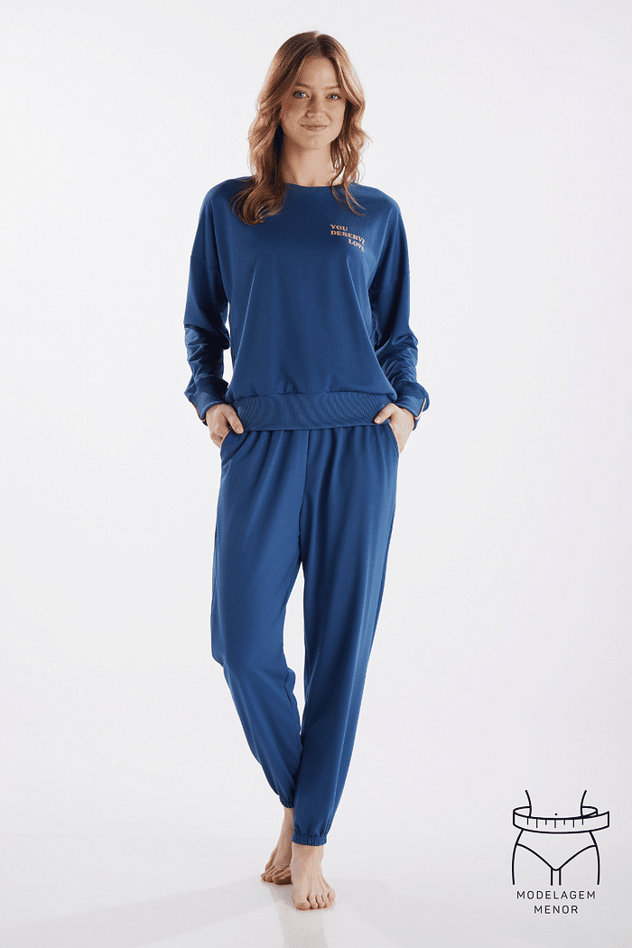 PIJAMA FEMININO MANGA LONGA COM CALÇA EM MOLETINHO CARECA