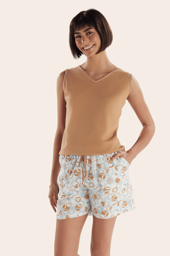 PIJAMA REGATA EM MEIA MALHA COM SHORTS EM MALHA ROTATIVA FEMININO