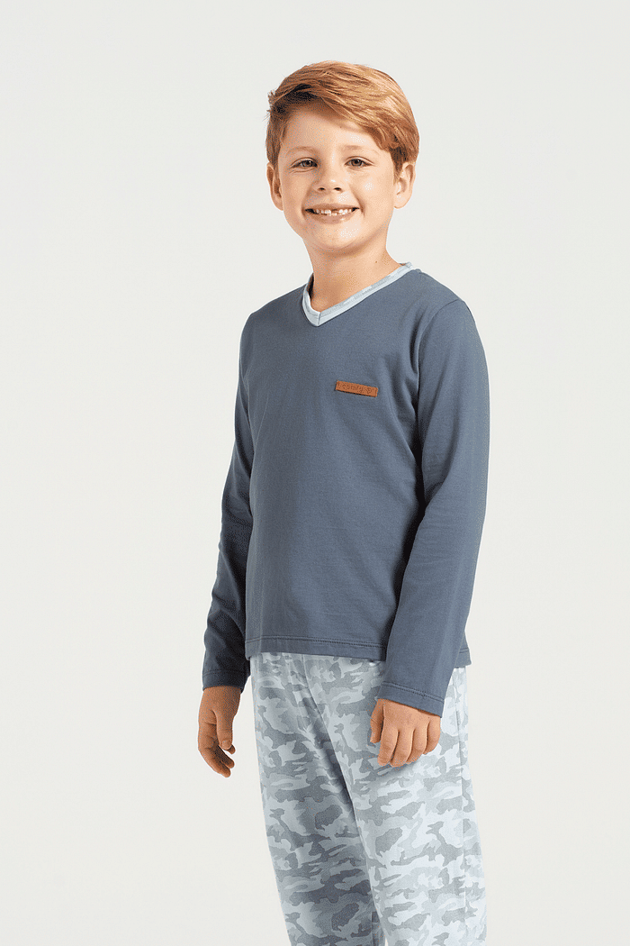 PIJAMA MANGA LONGA EM MEIA MALHA COM CALCA EM MALHA ROTATIVA MASCULINO 