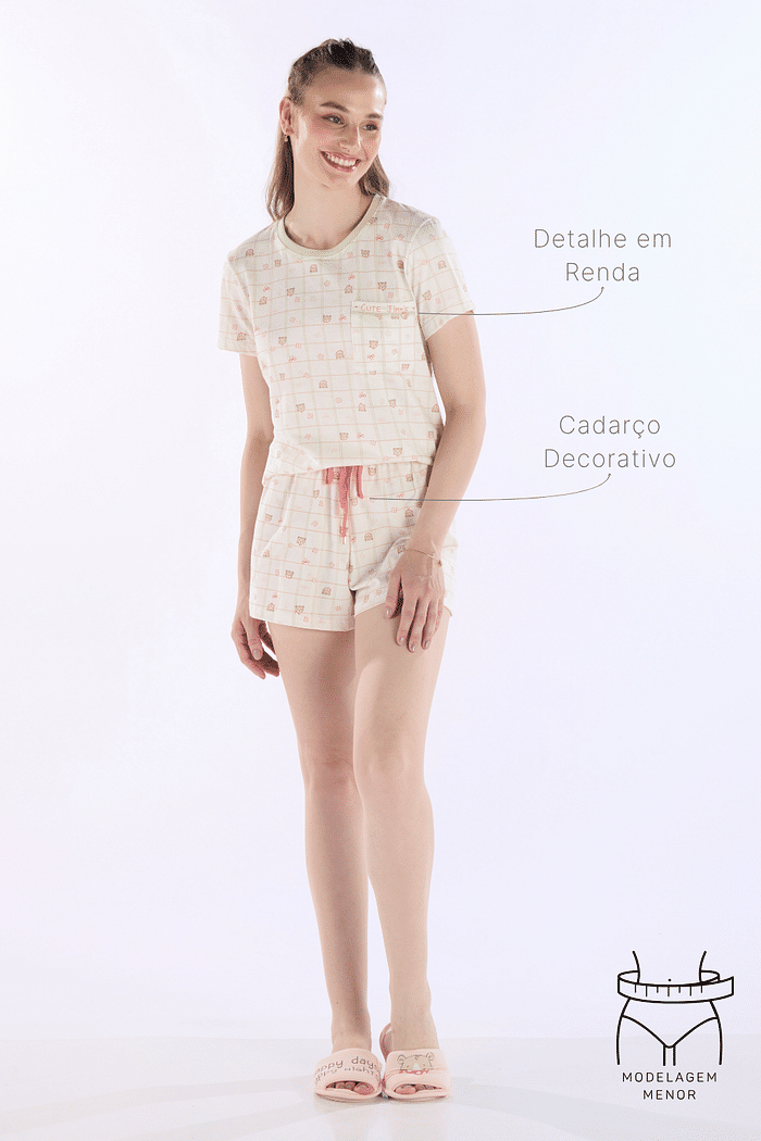 PIJAMA MEIA MANGA COM SHORTS EM MALHA ROTATIVA FEMININO