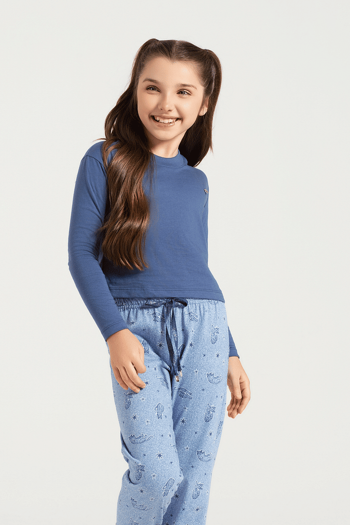 PIJAMA MANGA LONGA EM MEIA MALHA COM CALCA EM MALHA ROTATIVA FEMININO 