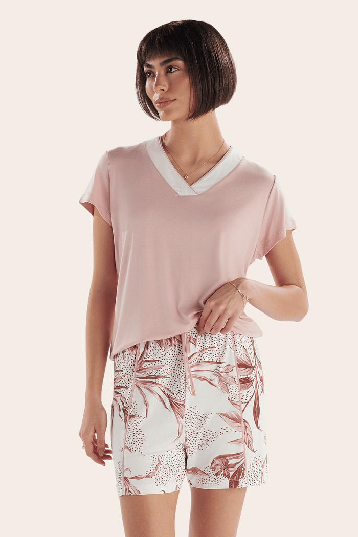 PIJAMA MEIA MANGA EM VISCOLYCRA COM SHORTS EM VISCOLYCRA FEMININO