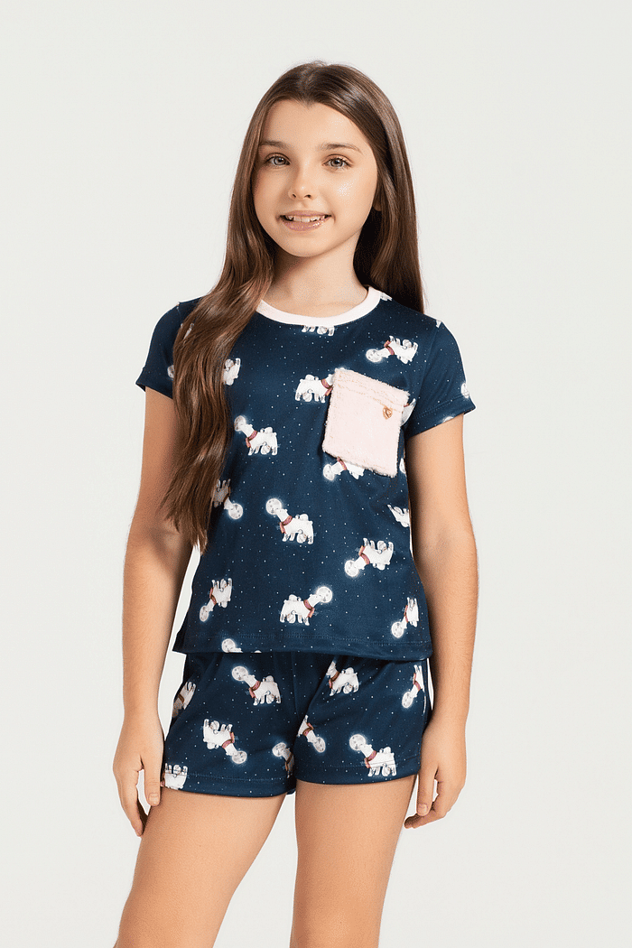 PIJAMA MEIA MANGA COM SHORTS EM MALHA SOFT TOUCH ROTATIVA FEMININO 