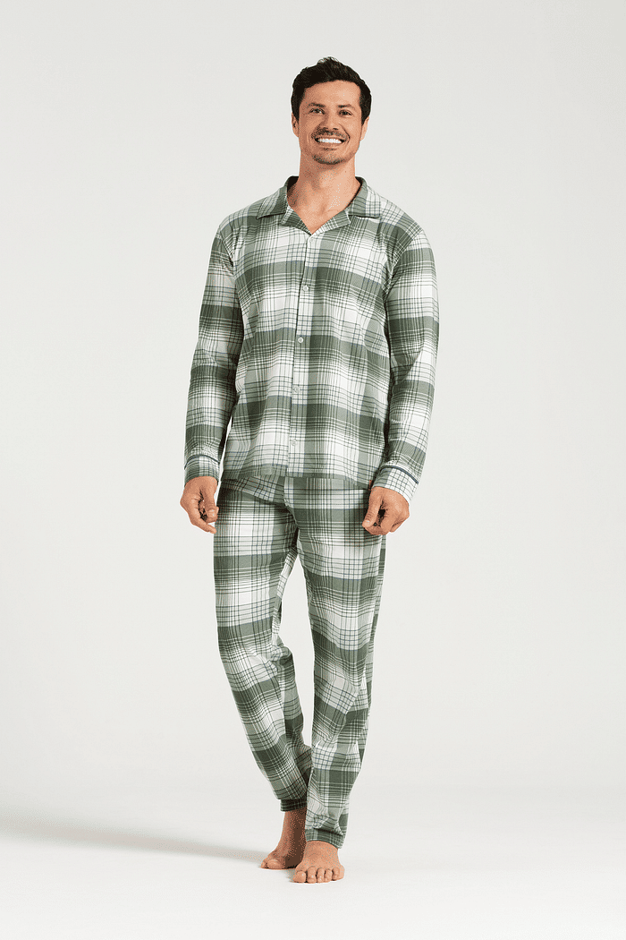 PIJAMA MANGA LONGA ABERTURA FRONTAL COM CALCA EM MALHA ROTATIVA MASCULINO 