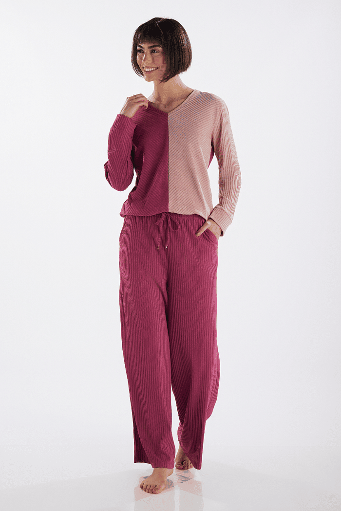 PIJAMA MANGA LONGA COM CALCA EM MALHA SUEDE CANELADA FEMININO 