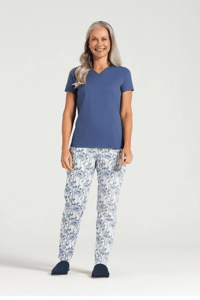 PIJAMA MEIA MANGA EM MEIA MALHA COM CALCA EM MALHA ROTATIVA FEMININO 