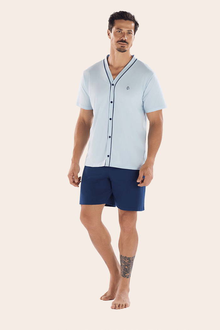 PIJAMA MEIA MANGA ABERTURA FRONTAL COM BERMUDA EM MEIA MALHA MASCULINO 