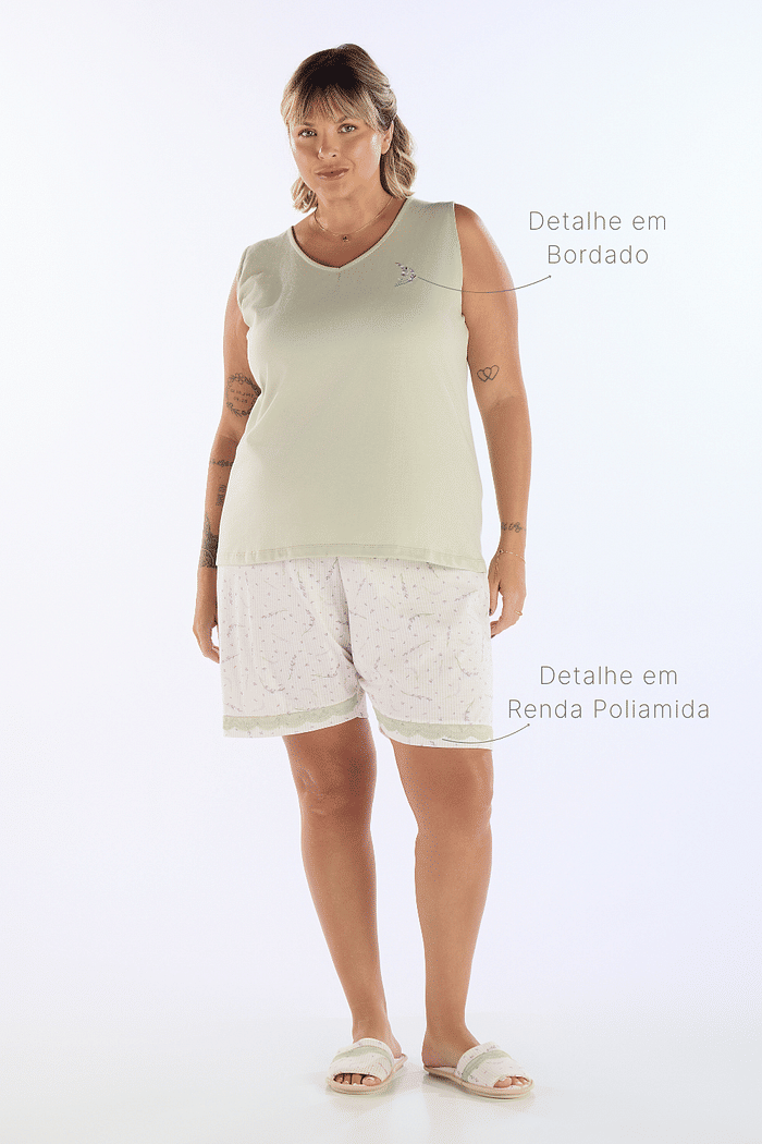 PIJAMA REGATA EM MEIA MALHA COM BERMUDA EM MALHA ROTATIVA FEMININO 