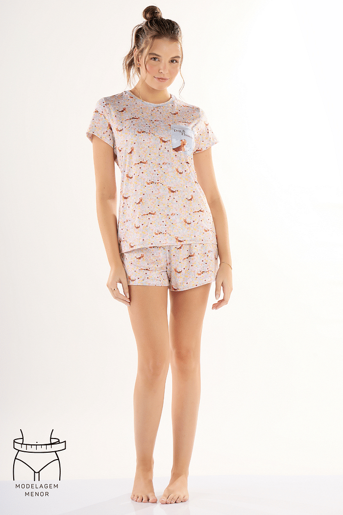 PIJAMA MEIA MANGA COM SHORTS EM MALHA SUBLIMADA FEMININO