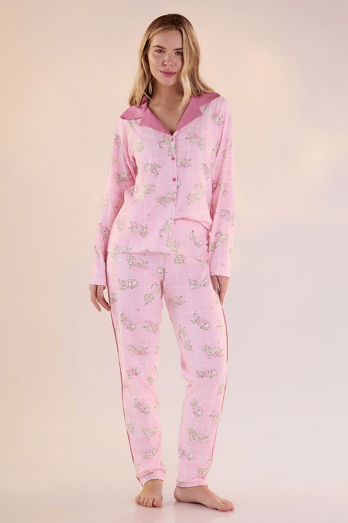 PIJAMA LONGO ABERTO MALHA ESTAMPADA FEMININO