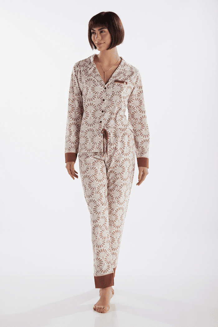 PIJAMA MANGA LONGA ABERTURA FRONTAL COM CALCA EM MALHA ROTATIVA FEMININO 