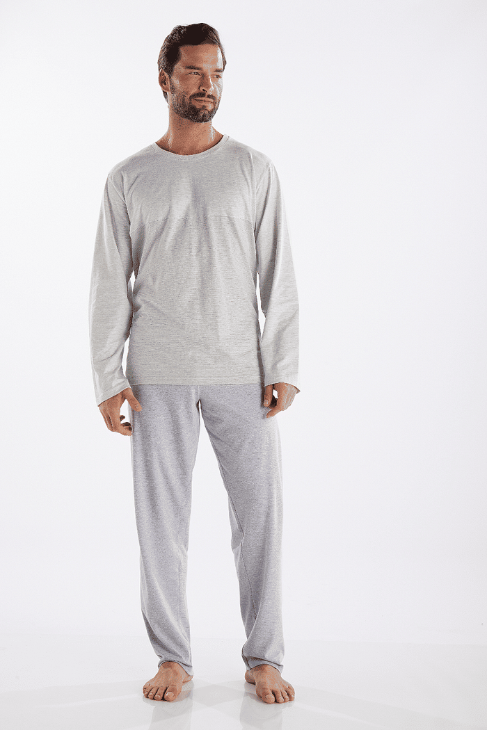 PIJAMA MASCULINO MANGA LONGA COM CALÇA EM MEIA MALHA E FIO TINTO
