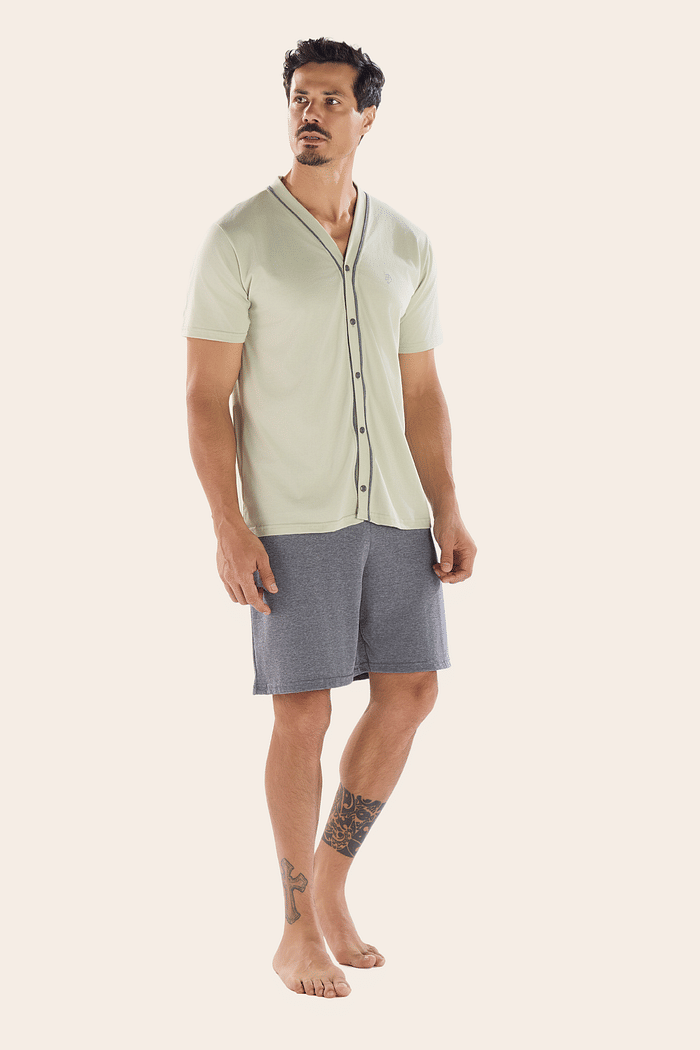 PIJAMA MEIA MANGA ABERTURA FRONTAL COM BERMUDA EM MEIA MALHA MASCULINO 