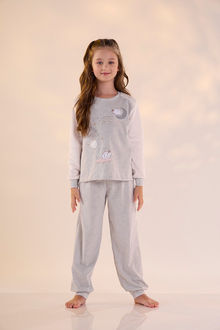 PIJAMA FEMININO INFANTIL MANGA LONGA COM CALÇA EM FIO TINTO