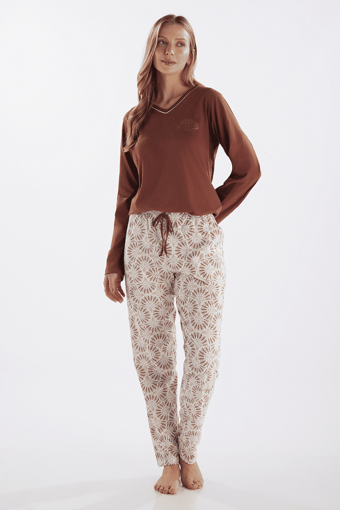 PIJAMA MANGA LONGA EM MEIA MALHA COM CALCA EM MALHA ROTATIVA FEMININO 