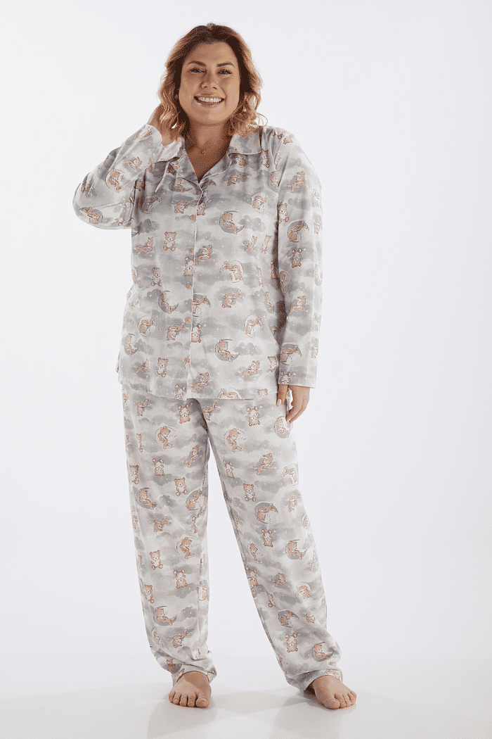 PIJAMA MANGA LONGA ABERTURA FRONTAL COM CALCA EM MALHA ROTATIVA FEMININO