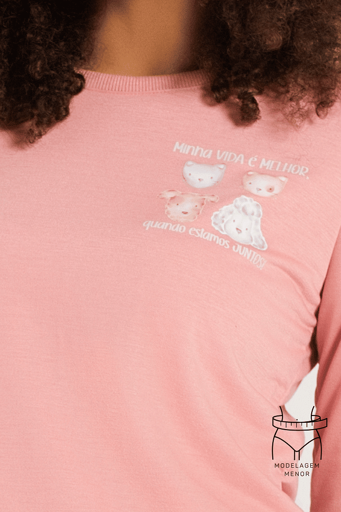 PIJAMA MANGA LONGA EM MOLETINHO COM CALCA EM MOLETINHO ROTATIVO FEMININO 