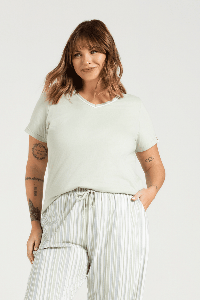 PIJAMA MEIA MANGA EM MEIA MALHA COM CALCA EM MALHA ROTATIVA FEMININO 