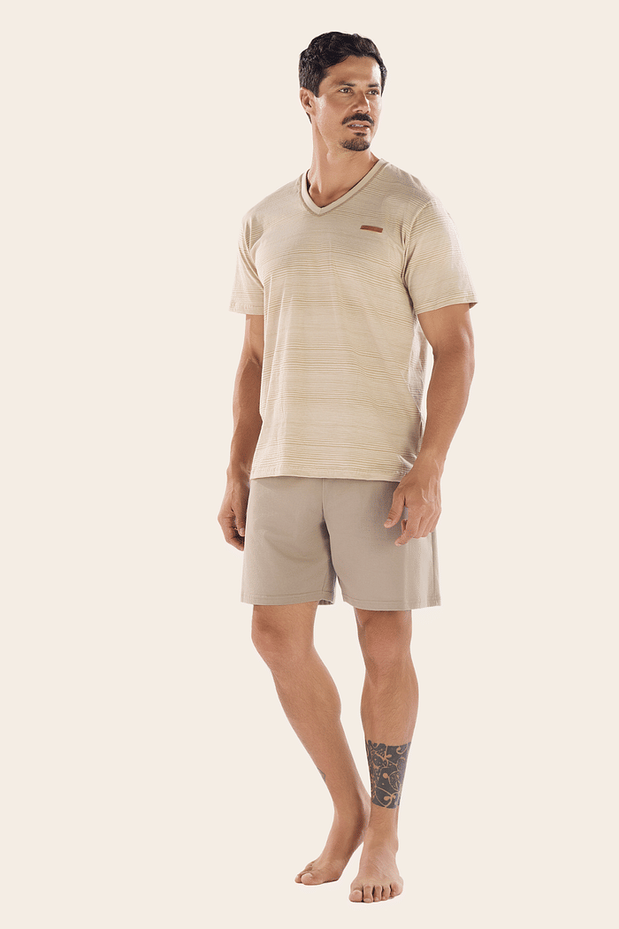 PIJAMA MEIA MANGA EM MALHA ROTATIVA COM BERMUDA EM MEIA MALHA MASCULINO 