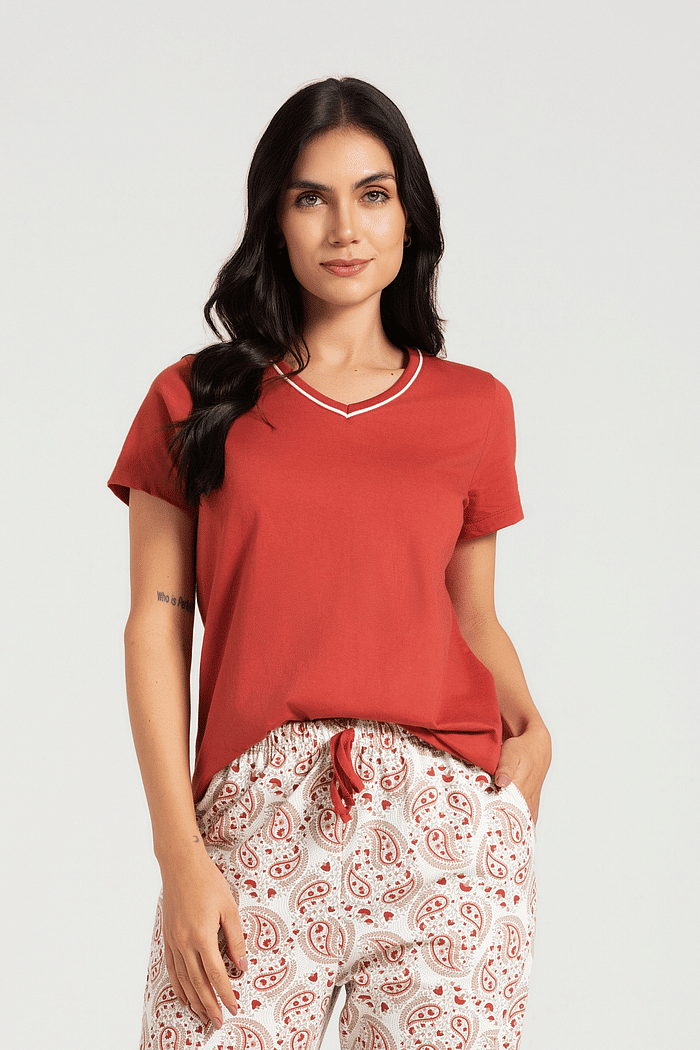 PIJAMA MEIA MANGA EM MEIA MALHA COM CALCA EM MALHA ROTATIVA FEMININO