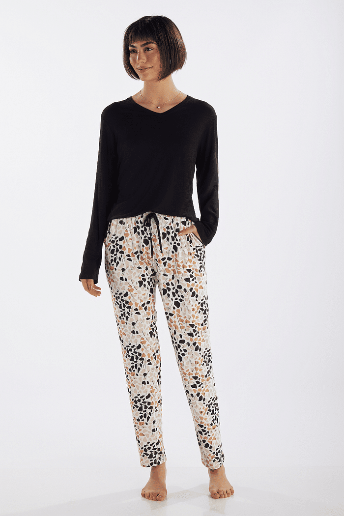 PIJAMA MANGA LONGA EM VISCOLYCRA COM CALCA EM VISCOLYCRA ROTATIVA FEMININO 