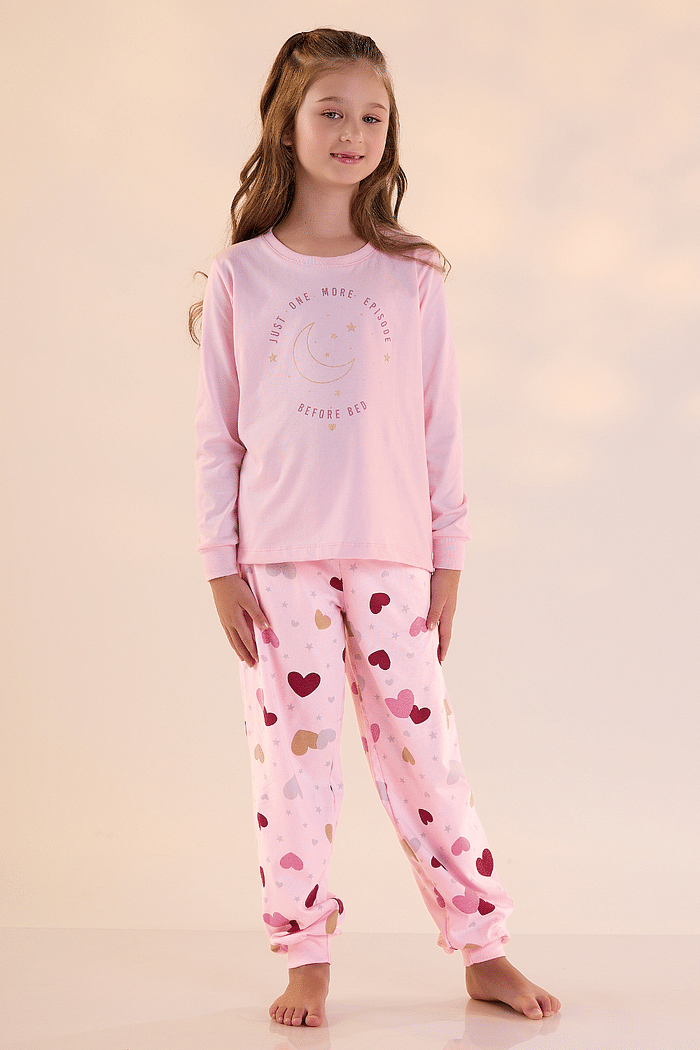 PIJAMA FEMININO INFANTIL MANGA LONGA COM CALÇA EM MEIA MALHA FEMININO