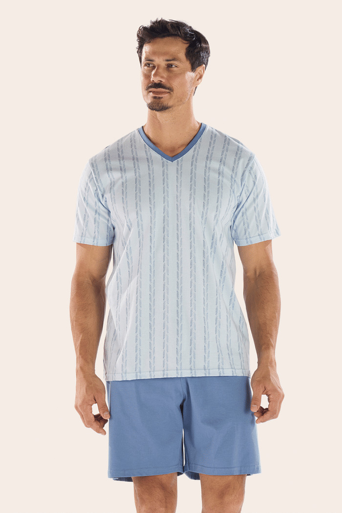 PIJAMA MEIA MANGA EM MALHA ROTATIVA COM BERMUDA EM MEIA MALHA MASCULINO 