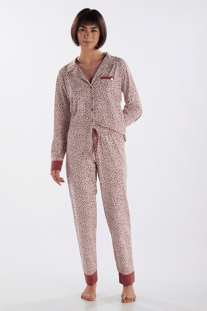 PIJAMA MANGA LONGA ABERTURA FRONTAL COM CALCA EM MALHA ROTATIVA FEMININO 