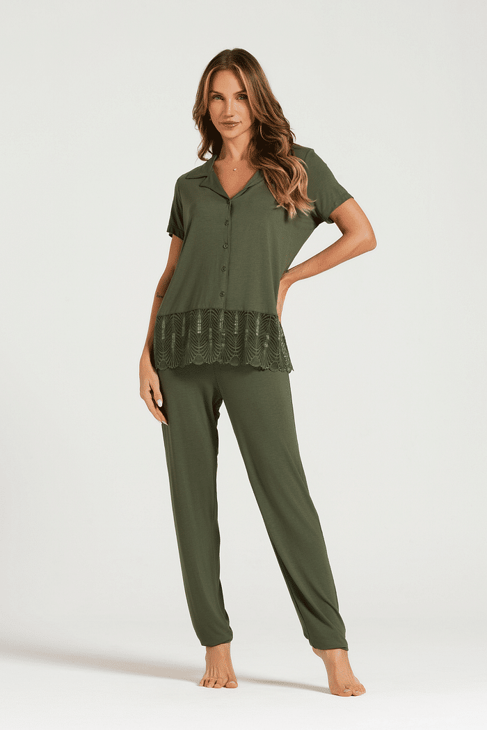 PIJAMA MEIA MANGA ABERTURA FRONTAL COM CALCA EM VISCOLYCRA FEMININO