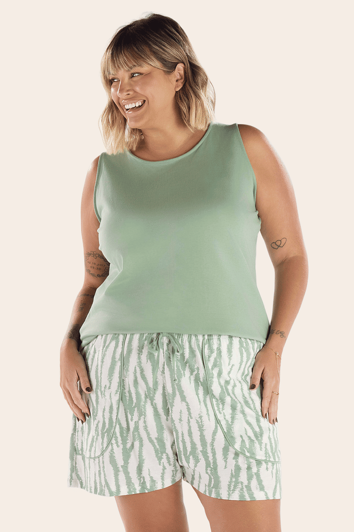 PIJAMA REGATA EM MEIA MALHA COM SHORTS EM MALHA ROTATIVA FEMININO