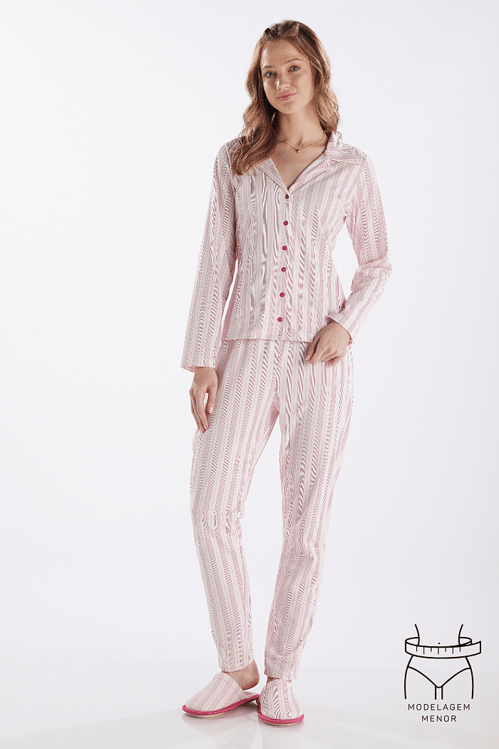 PIJAMA MANGA LONGA ABERTURA FRONTAL COM CALCA EM MALHA ROTATIVA FEMININO 