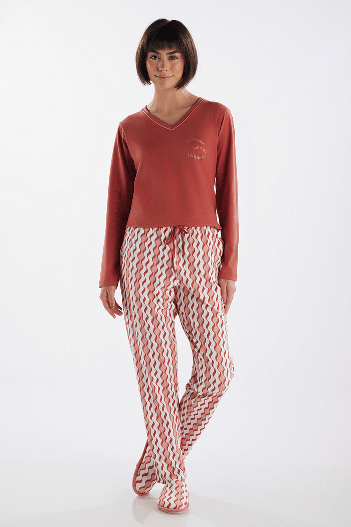 PIJAMA MANGA LONGA EM MEIA MALHA COM CALCA EM MALHA ROTATIVA FEMININO