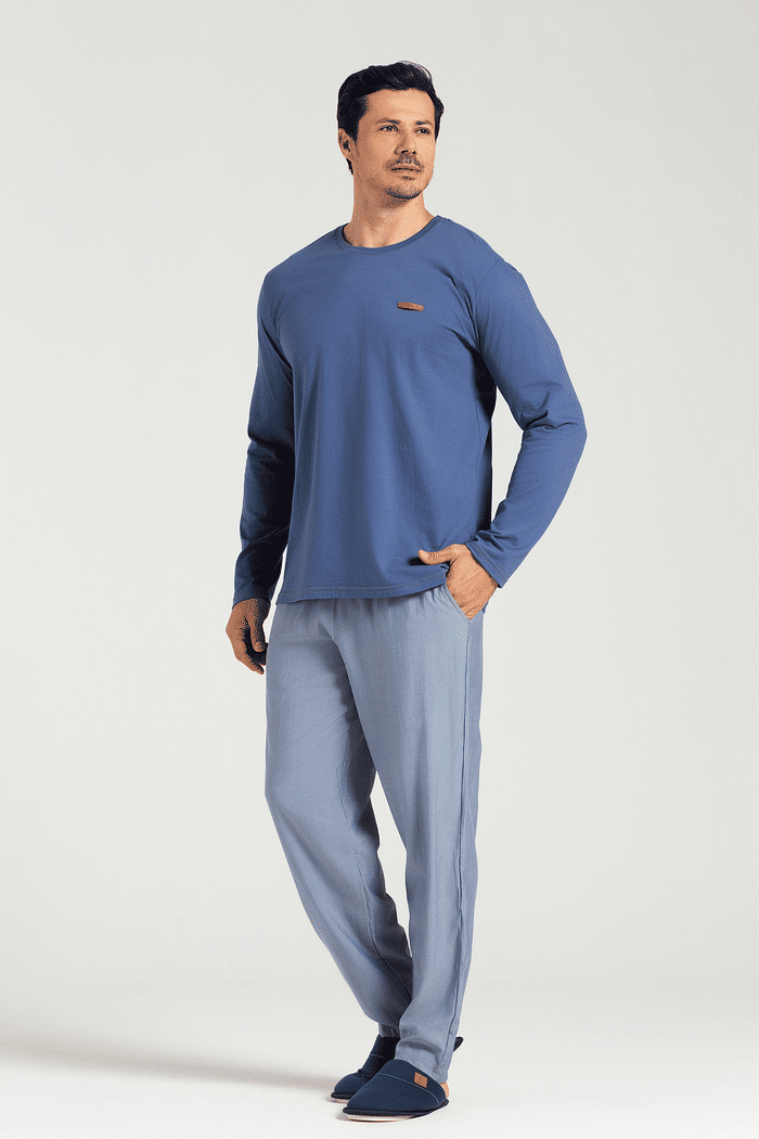 PIJAMA MANGA LONGA EM MEIA MALHA COM CALCA EM TECIDO VISCOSEDA MASCULINO 