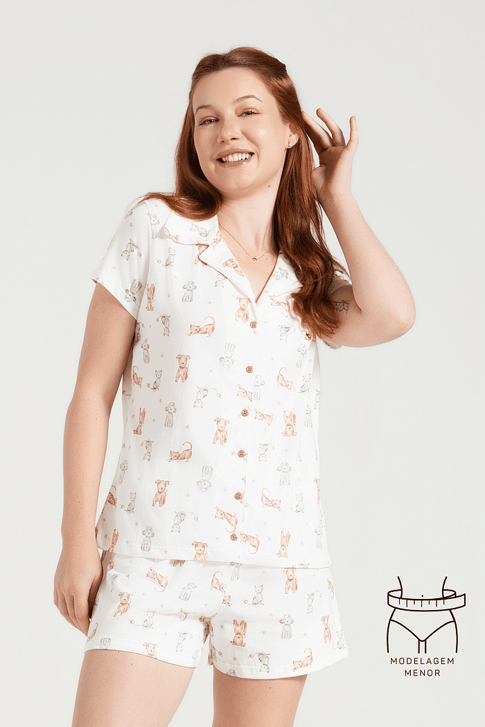 PIJAMA MEIA MANGA ABERTURA FRONTAL COM SHORTS EM MALHA ROTATIVA FEMININO 