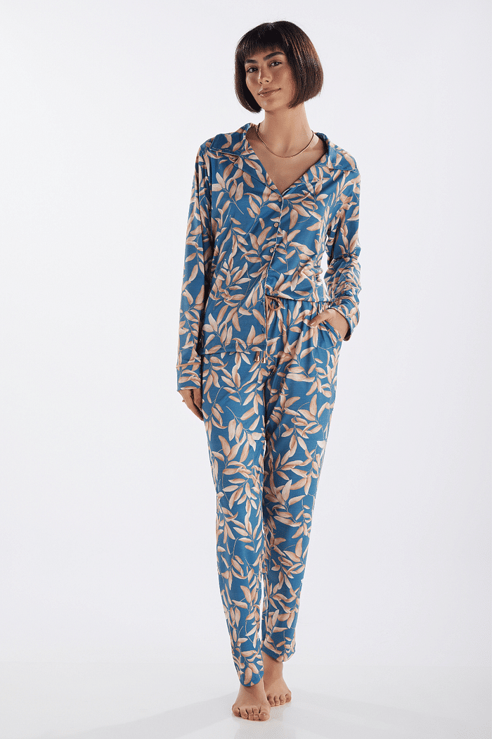 PIJAMA MANGA LONGA ABERTURA FRONTAL COM CALCA EM MALHA SUBLIMADA FEMININO 