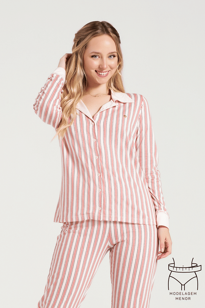 PIJAMA MANGA LONGA ABERTURA FRONTAL COM CALCA EM MALHA ROTATIVA FEMININO 