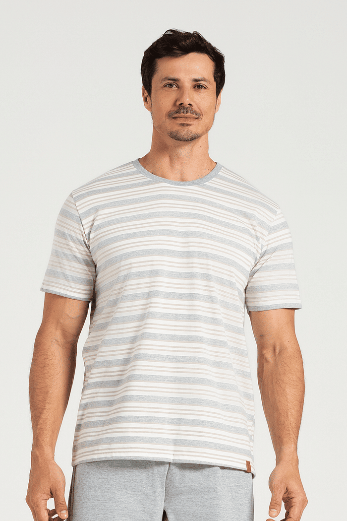 PIJAMA MEIA MANGA EM FIO TINTO COM BERMUDA EM MEIA MALHA MASCULINO 