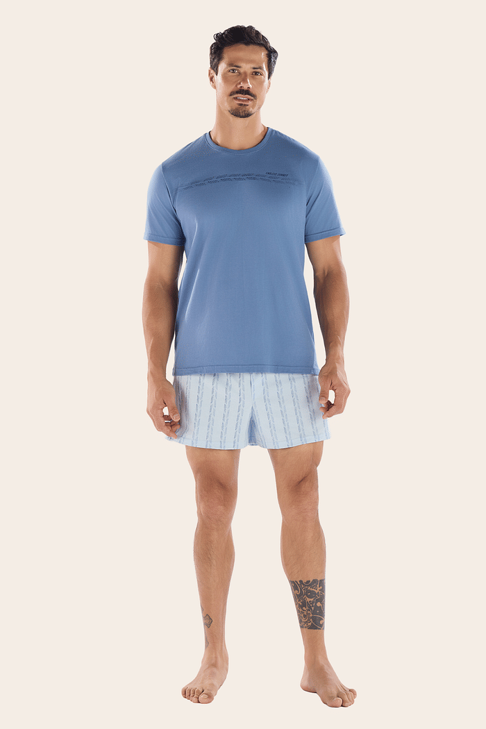 PIJAMA MEIA MANGA EM MEIA MALHA COM SAMBA CANÇÃO EM MALHA ROTATIVA MASCULINO 