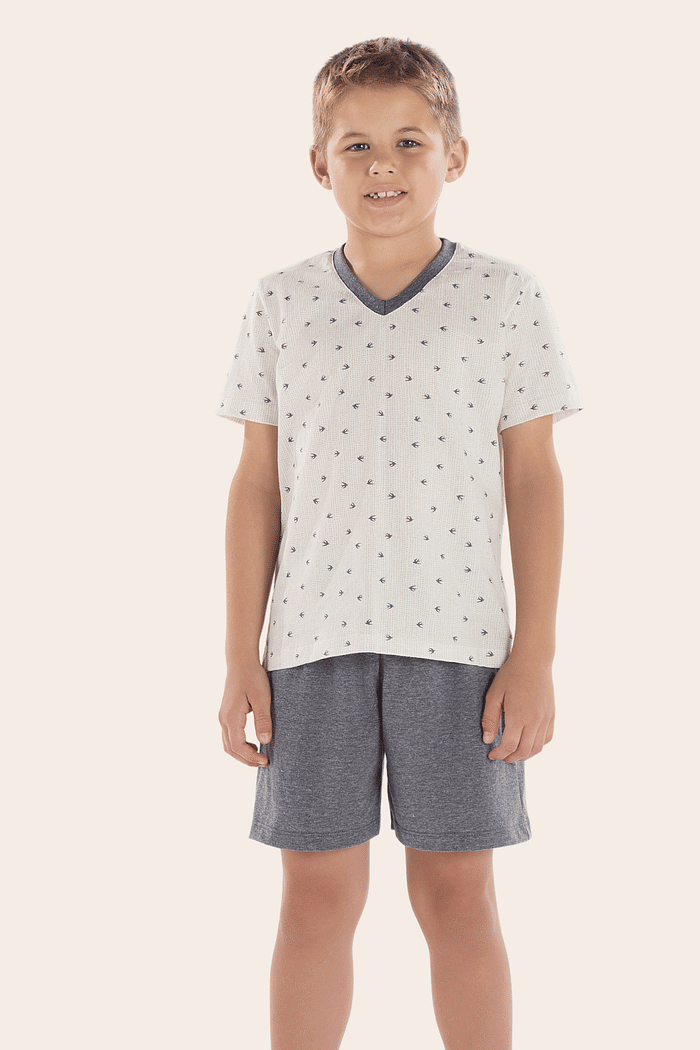PIJAMA MEIA MANGA EM MALHA ROTATIVA COM BERMUDA EM MEIA MALHA MASCULINO 