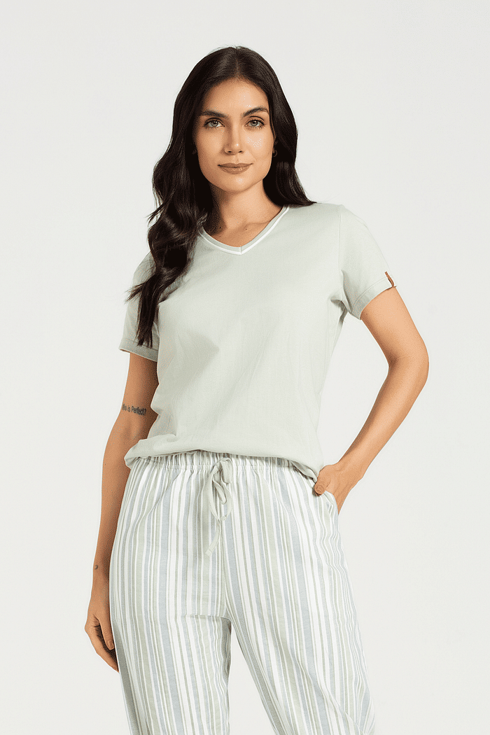 PIJAMA MEIA MANGA EM MEIA MALHA COM CALCA EM MALHA ROTATIVA FEMININO