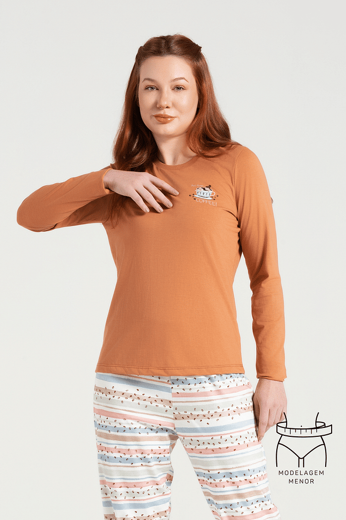 PIJAMA MANGA LONGA EM MEIA MALHA COM CALCA EM MALHA ROTATIVA FEMININO