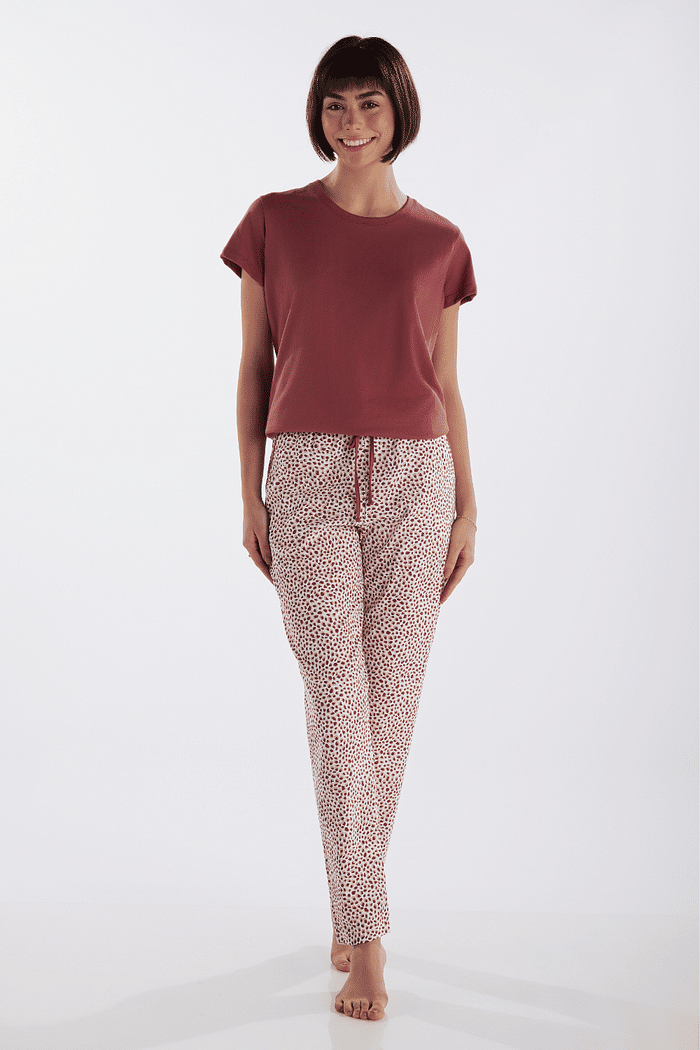 PIJAMA MEIA MANGA EM MEIA MALHA COM CALCA EM MALHA ROTATIVA FEMININO 