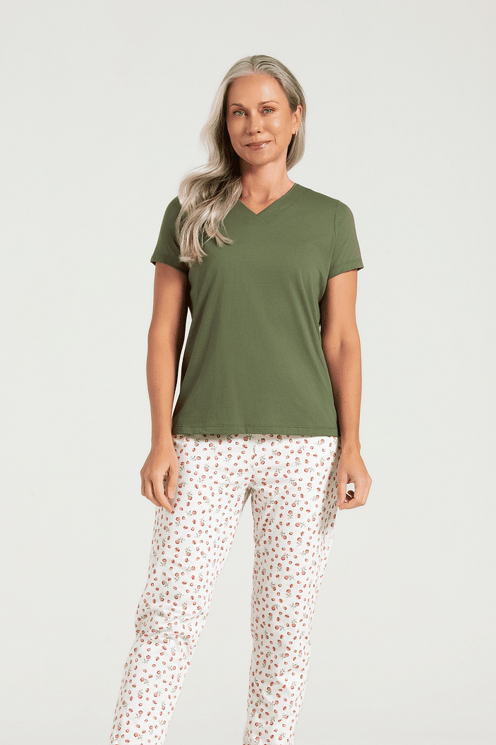 PIJAMA MEIA MANGA EM MEIA MALHA COM CALCA EM MALHA ROTATIVA FEMININO 