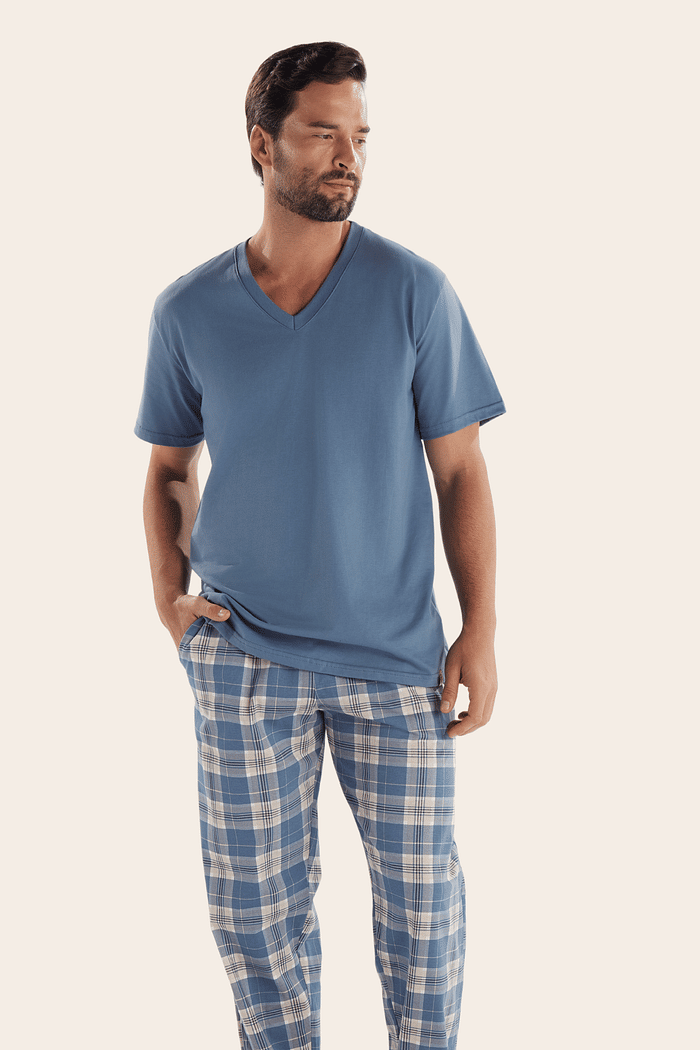 PIJAMA MEIA MANGA EM MEIA MALHA COM CALCA EM MALHA ROTATIVA MASCULINO 