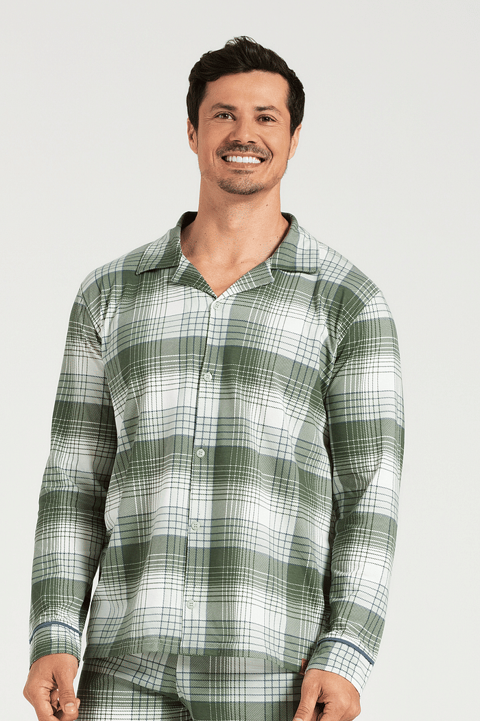 PIJAMA MANGA LONGA ABERTURA FRONTAL COM CALCA EM MALHA ROTATIVA MASCULINO 