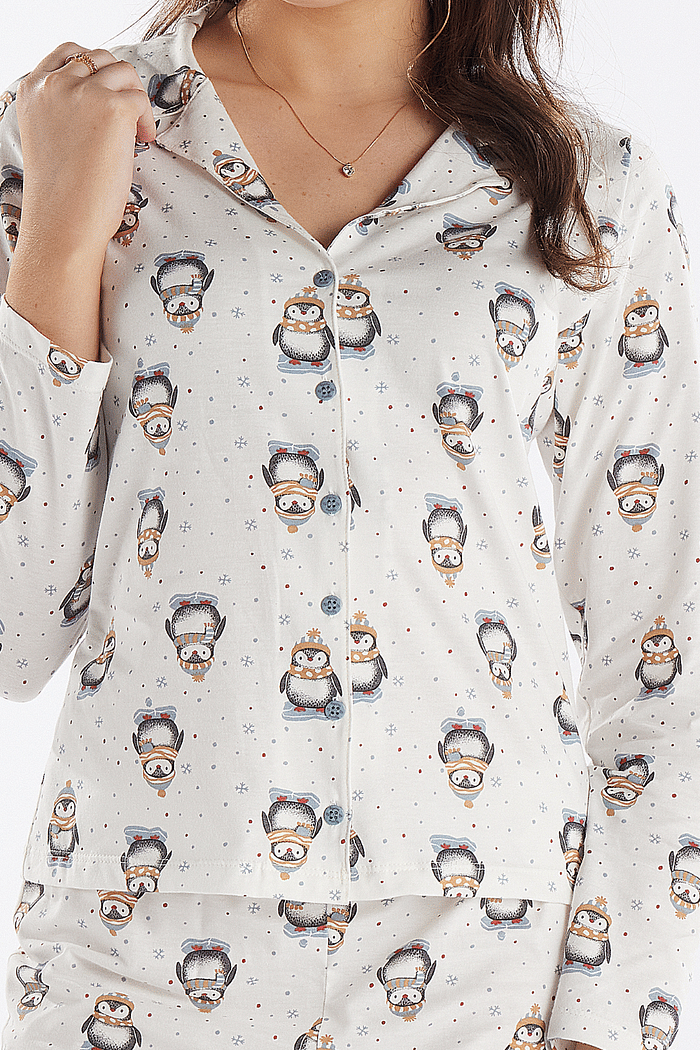 PIJAMA MANGA LONGA ABERTURA FRONTAL COM CALCA EM MALHA ROTATIVA FEMININO